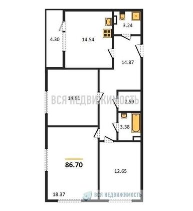 3-комнатная квартира, 86.7кв.м - изображение