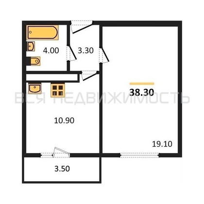 1-комнатная квартира, 38.3кв.м - изображение