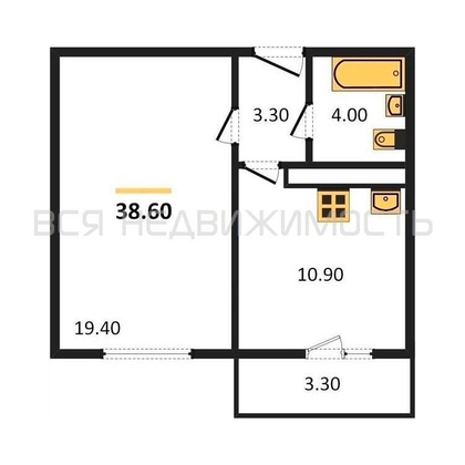 1-комнатная квартира, 38.6кв.м - изображение