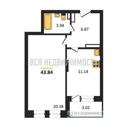 1-комнатная квартира, 43.84кв.м - изображение