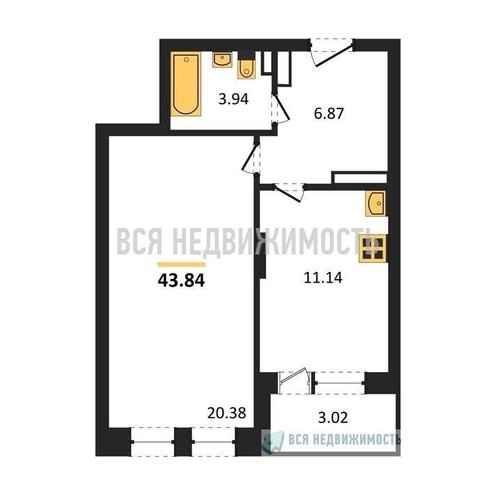 1-комнатная квартира, 43.84кв.м - изображение 0
