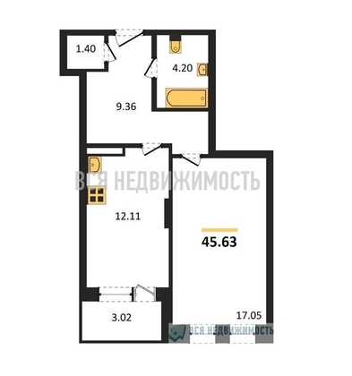 1-комнатная квартира, 45.63кв.м - изображение