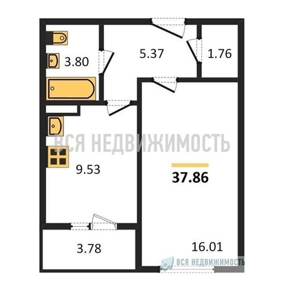 1-комнатная квартира, 37.86кв.м - изображение