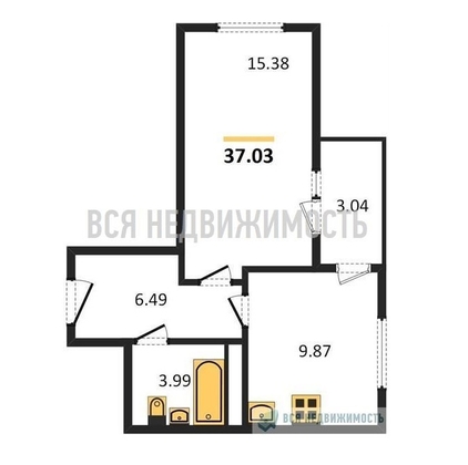 1-комнатная квартира, 37.03кв.м - изображение