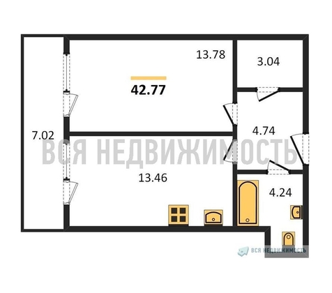 1-комнатная квартира, 42.77кв.м - изображение