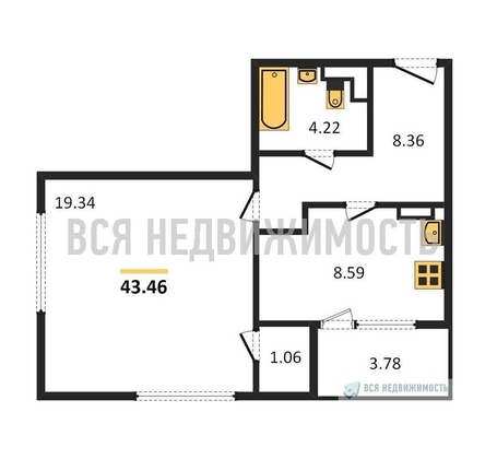 1-комнатная квартира, 43.46кв.м - изображение
