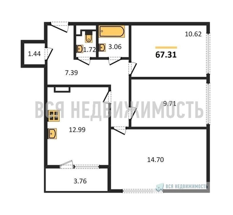 3-комнатная квартира, 67.31кв.м - изображение