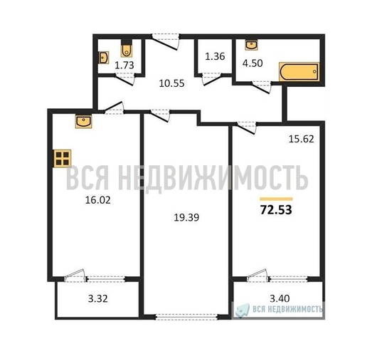 2-комнатная квартира, 72.53кв.м - изображение 0