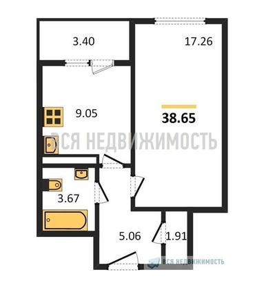 1-комнатная квартира, 38.65кв.м - изображение