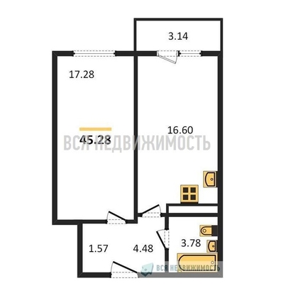 1-комнатная квартира, 45.28кв.м - изображение