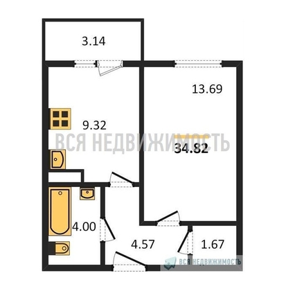 1-комнатная квартира, 34.82кв.м - изображение