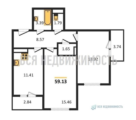 2-комнатная квартира, 59.13кв.м - изображение