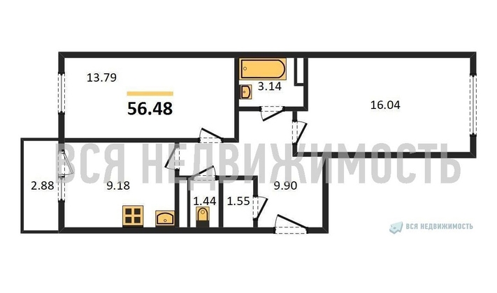 2-комнатная квартира, 56.48кв.м - изображение