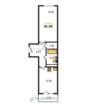 1-комнатная квартира, 41.93кв.м - изображение