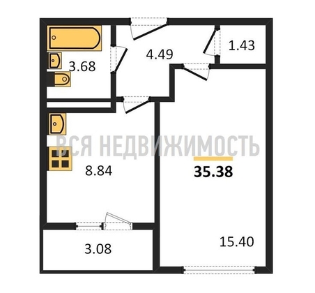 1-комнатная квартира, 35.38кв.м - изображение