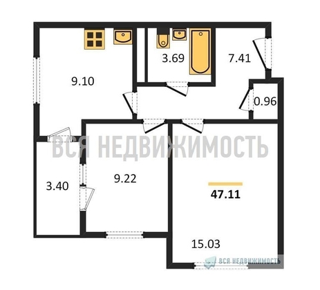 2-комнатная квартира, 47.11кв.м - изображение