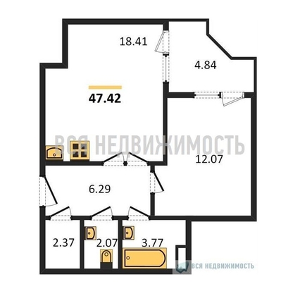 1-комнатная квартира, 47.42кв.м - изображение