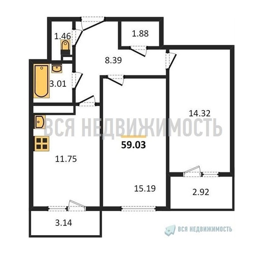 2-комнатная квартира, 59.03кв.м - изображение 0