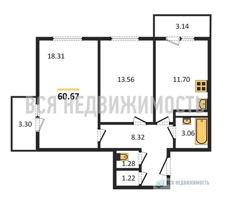 2-комнатная квартира, 60.67кв.м - изображение