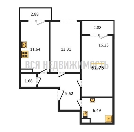 2-комнатная квартира, 61.75кв.м - изображение