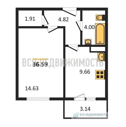 1-комнатная квартира, 36.59кв.м - изображение