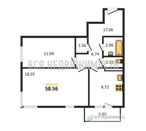 2-комнатная квартира, 58.56кв.м - изображение