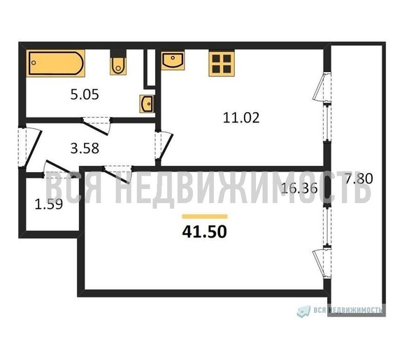 1-комнатная квартира, 41.5кв.м - изображение 0