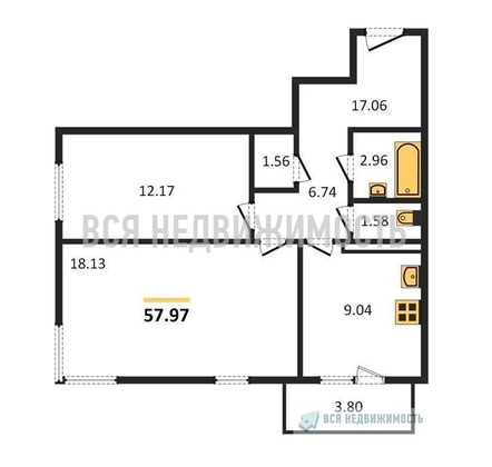 2-комнатная квартира, 57.97кв.м - изображение