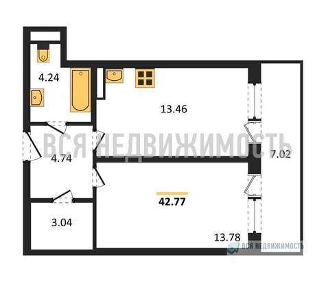 1-комнатная квартира, 42.77кв.м - изображение