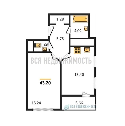 1-комнатная квартира, 43.2кв.м - изображение