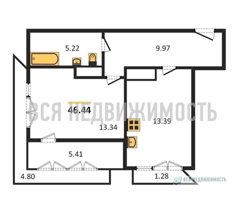 1-комнатная квартира, 46.44кв.м - изображение