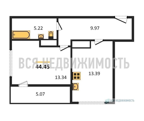 1-комнатная квартира, 44.45кв.м - изображение