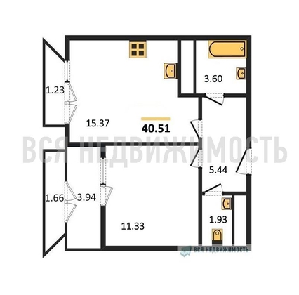 1-комнатная квартира, 40.51кв.м - изображение
