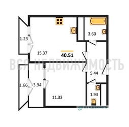 1-комнатная квартира, 40.51кв.м 1-комнатная квартира, 40.51кв.м - изображение 1
