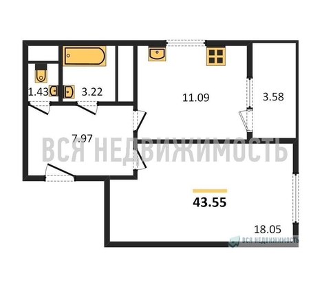 1-комнатная квартира, 43.55кв.м - изображение