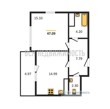 1-комнатная квартира, 47.09кв.м - изображение
