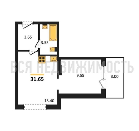 1-комнатная квартира, 31.65кв.м - изображение