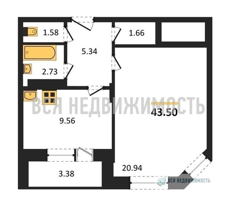 1-комнатная квартира, 43.5кв.м - изображение