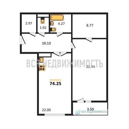 1-комнатная квартира, 74.25кв.м - изображение