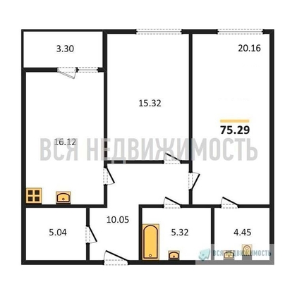 2-комнатная квартира, 75.29кв.м - изображение