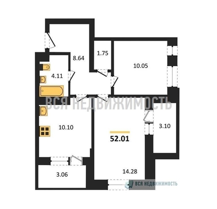 2-комнатная квартира, 52.01кв.м - изображение