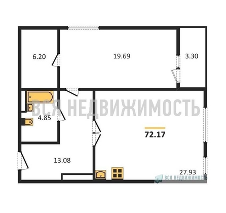 1-комнатная квартира, 72.17кв.м - изображение