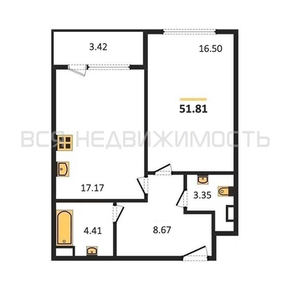 1-комнатная квартира, 51.81кв.м - изображение