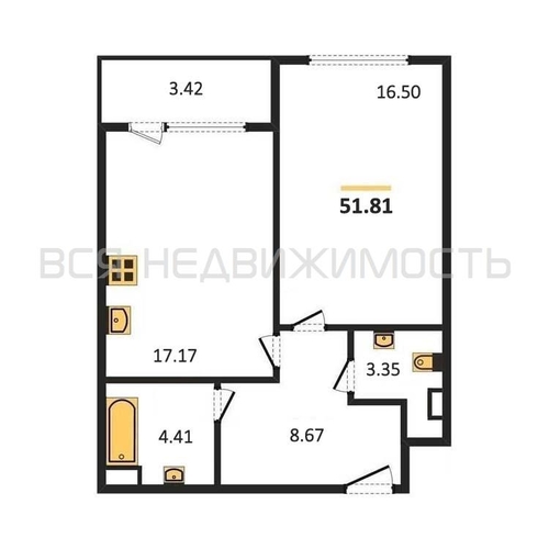 1-комнатная квартира, 51.81кв.м - изображение 0