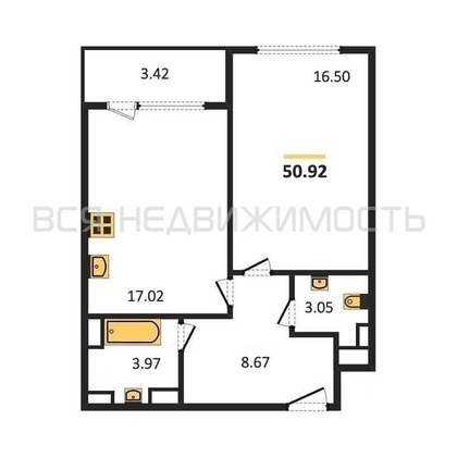1-комнатная квартира, 50.92кв.м - изображение