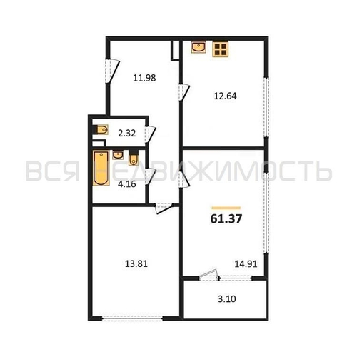2-комнатная квартира, 61.37кв.м - изображение 0