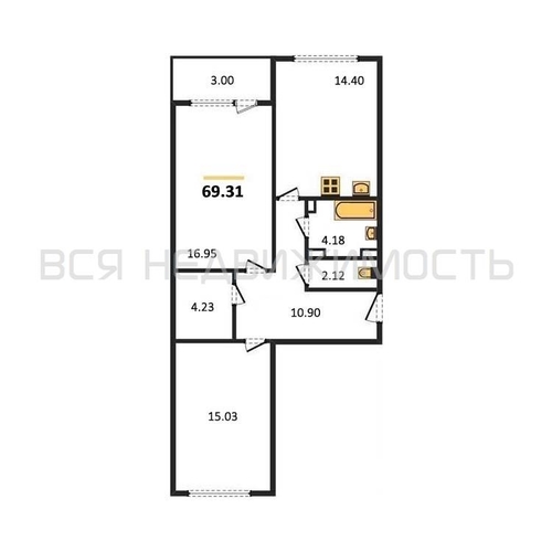 2-комнатная квартира, 69.31кв.м - изображение 0