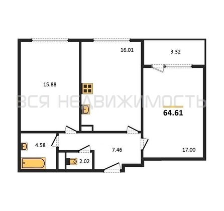 2-комнатная квартира, 64.61кв.м - изображение