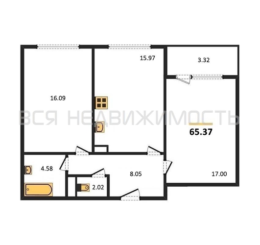 2-комнатная квартира, 65.37кв.м - изображение 0
