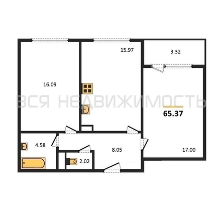 2-комнатная квартира, 65.37кв.м - изображение